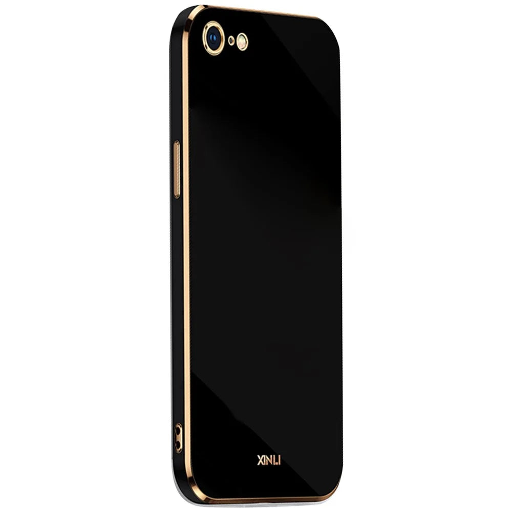 XINLI for iPhone 7 inch/8 4.7 inch/SE (2022)/SE (2020) Mobile Phone Back Cover Precise Lens Cutout Electroplating Golden Edge Flexible TPU Case - Black - 1