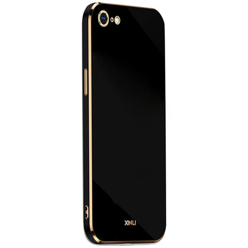 XINLI for iPhone 7 inch/8 4.7 inch/SE (2022)/SE (2020) Mobile Phone Back Cover Precise Lens Cutout Electroplating Golden Edge Flexible TPU Case - Black - 1