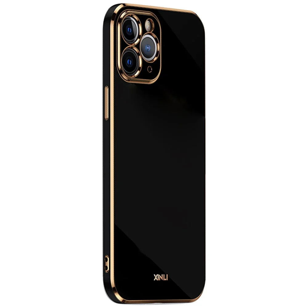 XINLI for iPhone 12 Pro Max 6.7 inch Stylish Electroplating Golden Edge TPU Mobile Phone Case Precise Lens Cutout Protective Cover - Black - 1