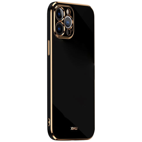 XINLI for iPhone 12 Pro 6.1 inch TPU Protective Cover Precise Lens Cutout Phone Back Case with Electroplating Golden Edge - Black - 1