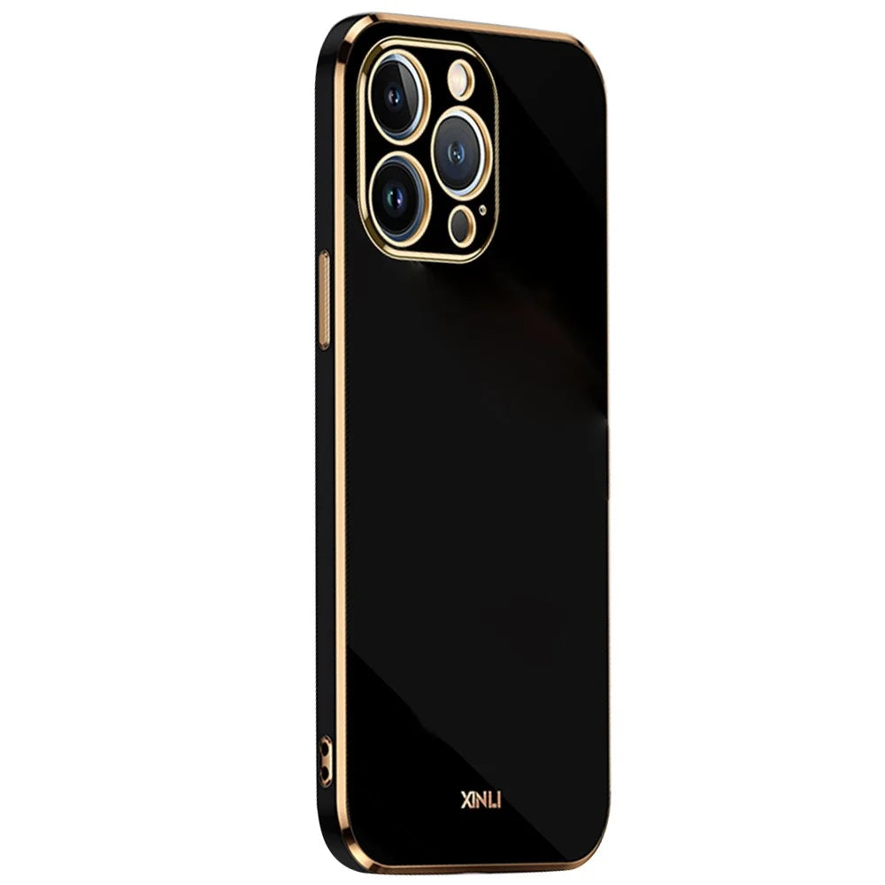 XINLI for iPhone 13 Pro 6.1 inch Anti-scratch Drop-proof Precise Cutout Case Electroplating Golden Edge Soft TPU Shell - Black - 1