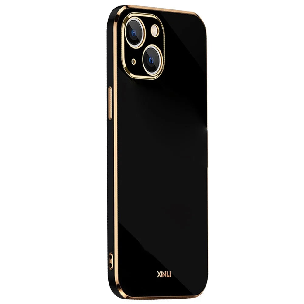 XINLI for iPhone 13 6.1 inch Precise Lens Cutout Shockproof Fashinable Case Electroplating Golden Edge Soft TPU Shell - Black - 1