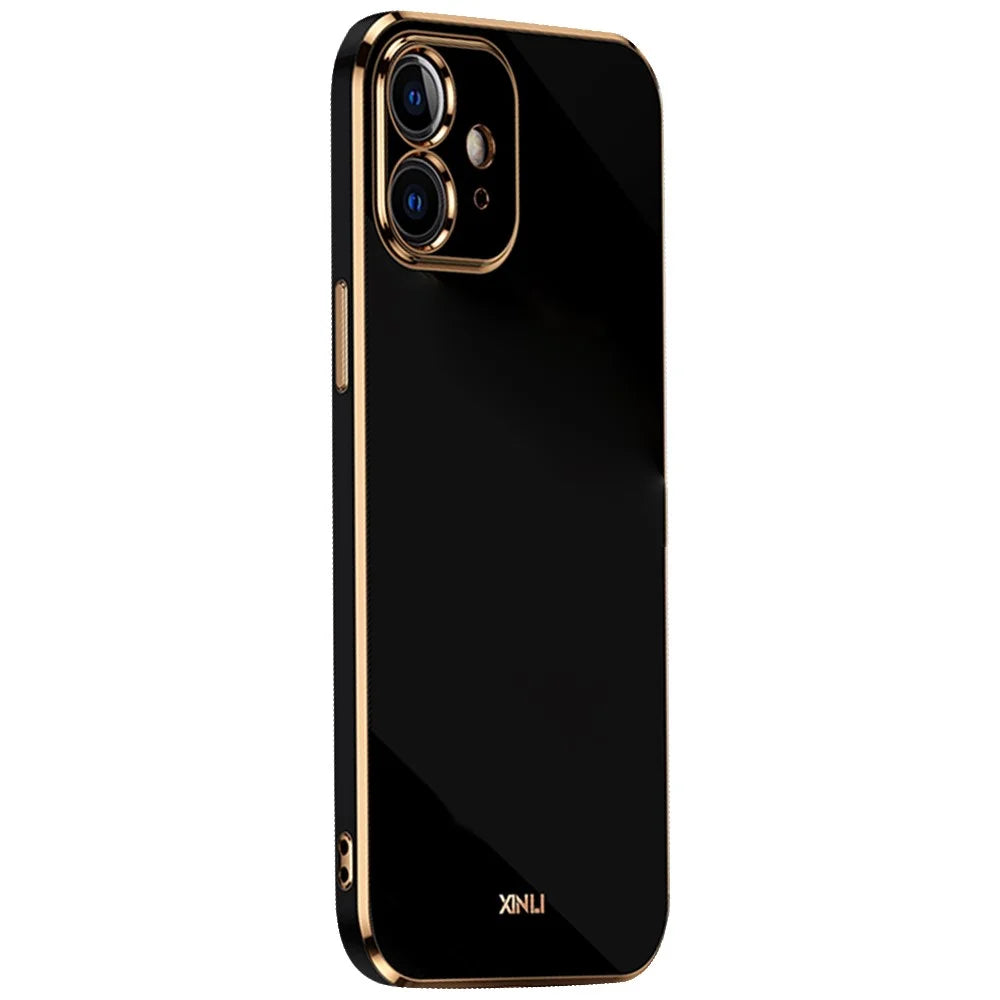 XINLI for iPhone 12 6.1 inch Precise Lens Cutout Sweat-proof Stylish Electroplating Golden Edge Flexible TPU Cover - Black - 1