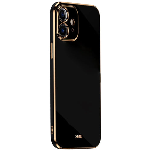 XINLI for iPhone 12 6.1 inch Precise Lens Cutout Sweat-proof Stylish Electroplating Golden Edge Flexible TPU Cover - Black - 1