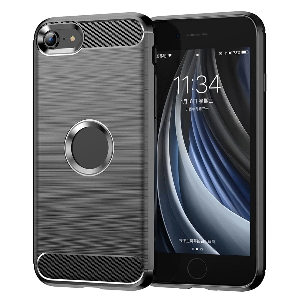 For iPhone SE 2022/SE 2020 Carbon Fiber Texture Brushed Surface 1.8mm TPU Phone Case Shell - Black - 1