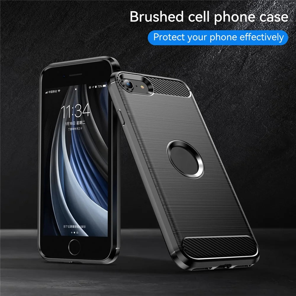 For iPhone SE 2022/SE 2020 Carbon Fiber Texture Brushed Surface 1.8mm TPU Phone Case Shell - Black - 7