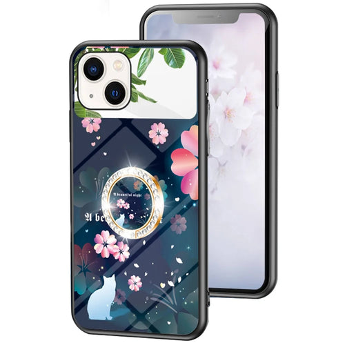 Magic Mirror Series Flower Pattern Phone Case for iPhone 13 mini 5.4 inch, Mirror Design Tempered Glass + PC Back TPU Frame Protective Cover with Ring Kickstand - Sakura Cat - 1