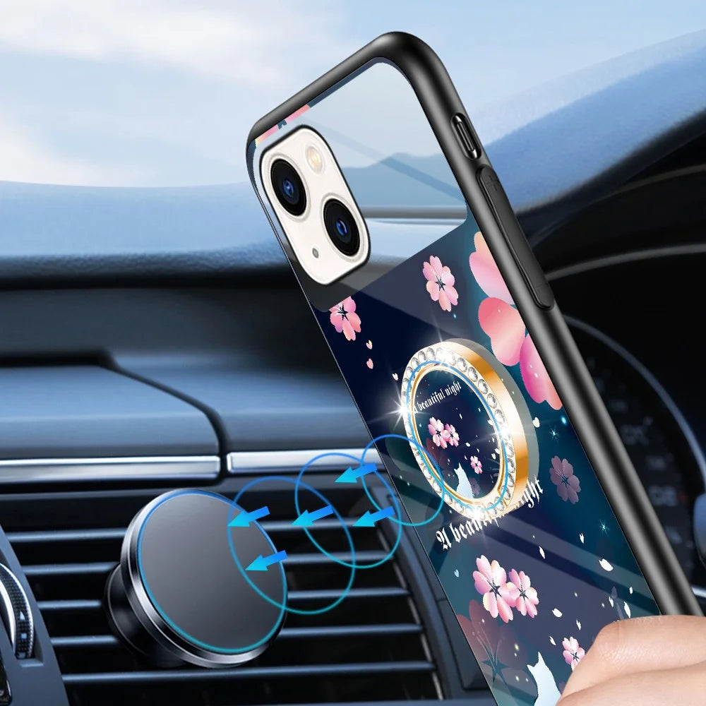 Magic Mirror Series Flower Pattern Phone Case for iPhone 13 mini 5.4 inch, Mirror Design Tempered Glass + PC Back TPU Frame Protective Cover with Ring Kickstand - Sakura Cat - 2
