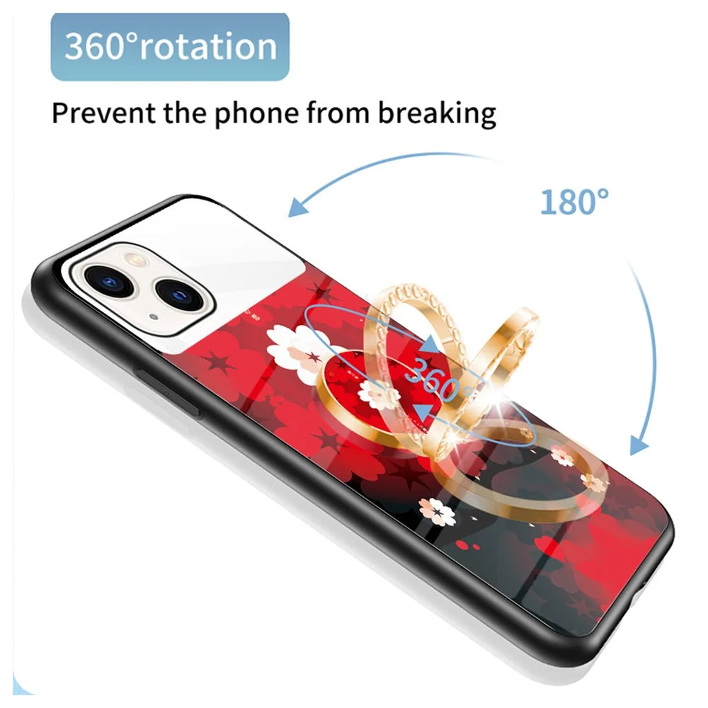 Magic Mirror Series Flower Pattern Phone Case for iPhone 13 mini 5.4 inch, Mirror Design Tempered Glass + PC Back TPU Frame Protective Cover with Ring Kickstand - Sakura Cat - 3
