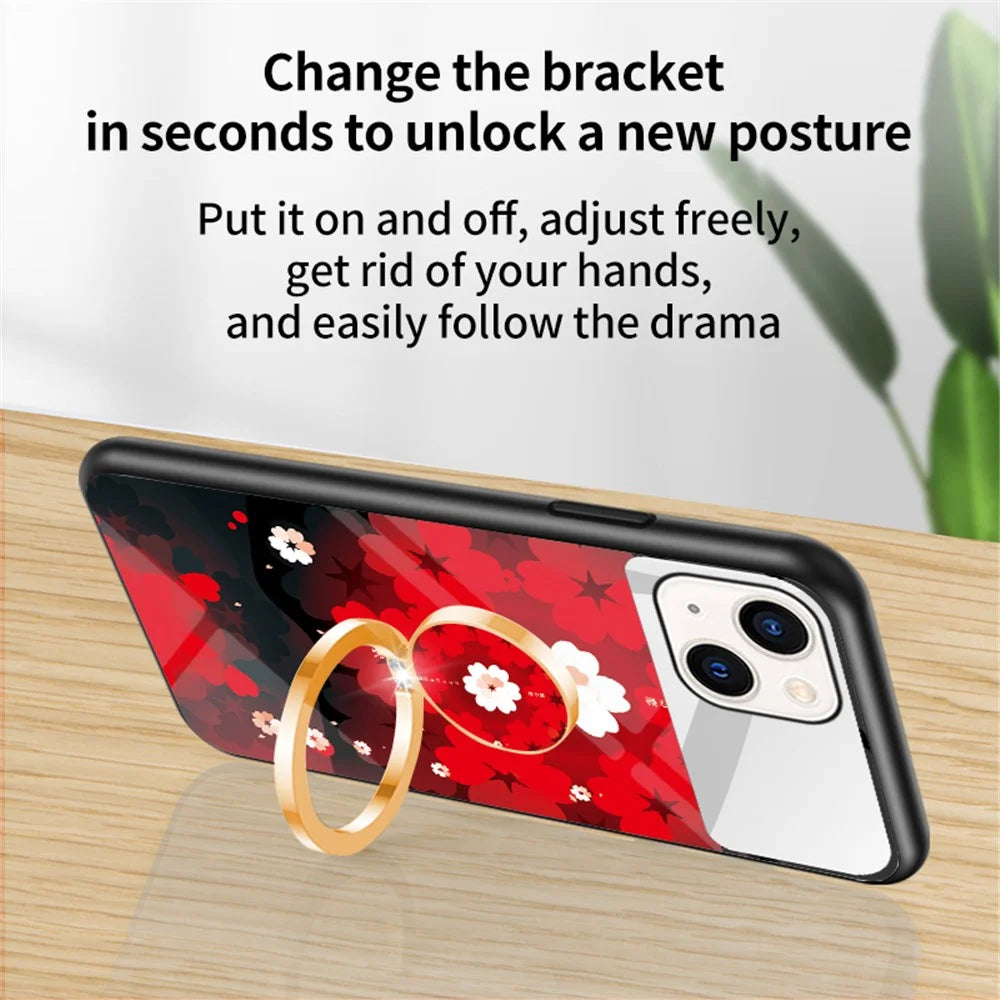 Magic Mirror Series Flower Pattern Phone Case for iPhone 13 mini 5.4 inch, Mirror Design Tempered Glass + PC Back TPU Frame Protective Cover with Ring Kickstand - Sakura Cat - 4