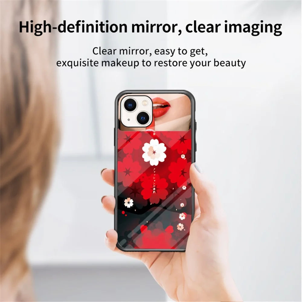 Magic Mirror Series Flower Pattern Phone Case for iPhone 13 mini 5.4 inch, Mirror Design Tempered Glass + PC Back TPU Frame Protective Cover with Ring Kickstand - Sakura Cat - 5
