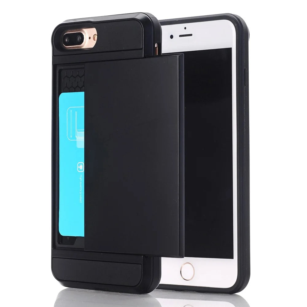 Sliding Card Holder Plastic + TPU Hybrid Case for iPhone 8 Plus / 7 Plus 5.5 inch - Black - 1
