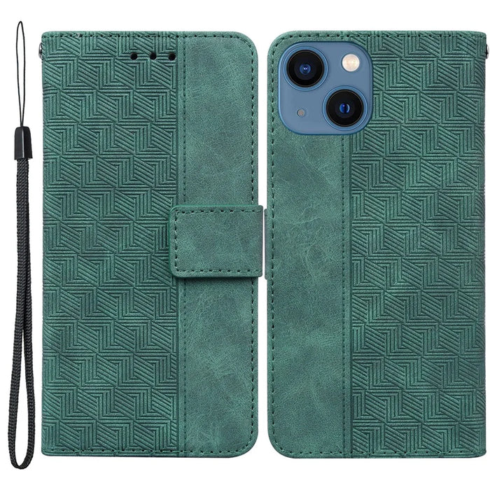 For iPhone 13 6.1 inch PU Leather Wallet Flip Cover Stand Function Geometry Imprinted Folio Protective Case with Strap - Green - 1