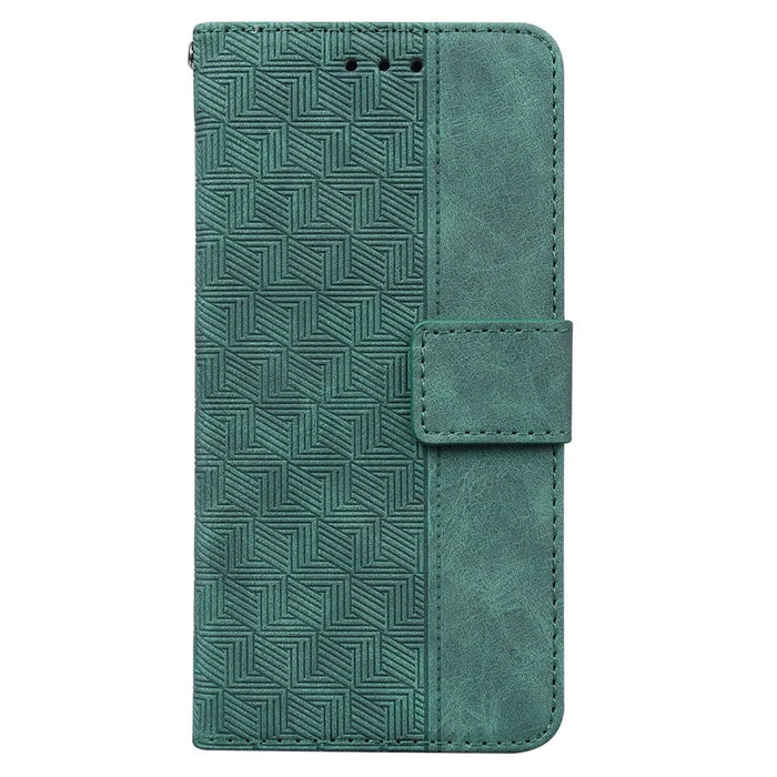 For iPhone 13 6.1 inch PU Leather Wallet Flip Cover Stand Function Geometry Imprinted Folio Protective Case with Strap - Green - 2
