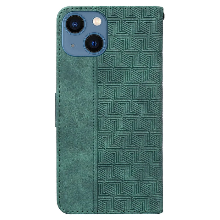 For iPhone 13 6.1 inch PU Leather Wallet Flip Cover Stand Function Geometry Imprinted Folio Protective Case with Strap - Green - 3