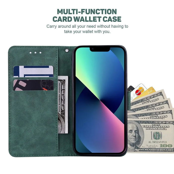 For iPhone 13 6.1 inch PU Leather Wallet Flip Cover Stand Function Geometry Imprinted Folio Protective Case with Strap - Green - 4