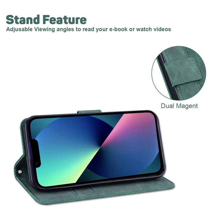 For iPhone 13 6.1 inch PU Leather Wallet Flip Cover Stand Function Geometry Imprinted Folio Protective Case with Strap - Green - 5