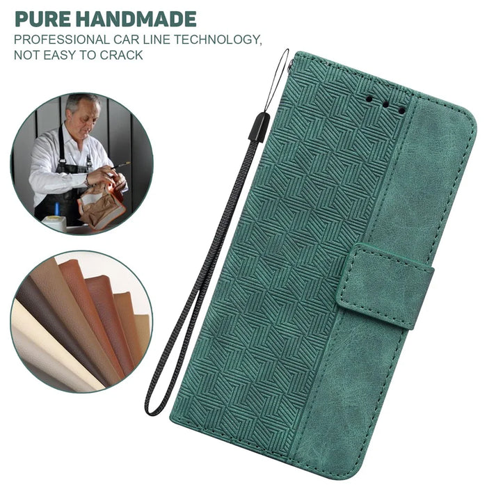 For iPhone 13 6.1 inch PU Leather Wallet Flip Cover Stand Function Geometry Imprinted Folio Protective Case with Strap - Green - 6