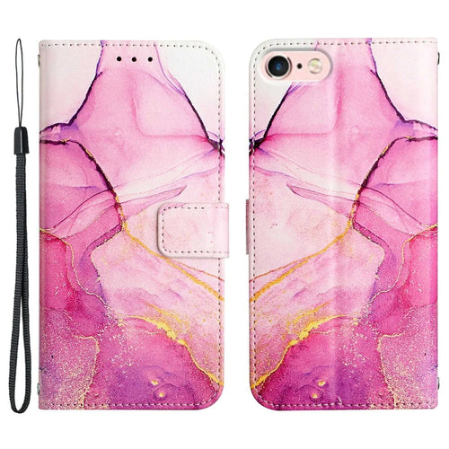 YB Pattern Printing Series-5 for iPhone SE (2022)/SE (2020)/8/7 4.7 inch Marble Pattern Wallet Cover PU Leather Stand Function Protective Phone Case with Strap - Pink Purple Gold LS001 - 1