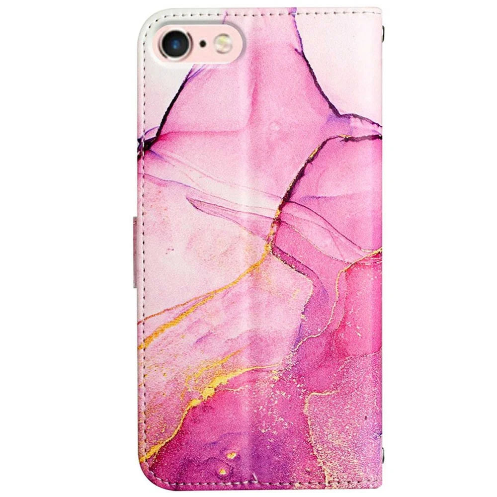 YB Pattern Printing Series-5 for iPhone SE (2022)/SE (2020)/8/7 4.7 inch Marble Pattern Wallet Cover PU Leather Stand Function Protective Phone Case with Strap - Pink Purple Gold LS001 - 3