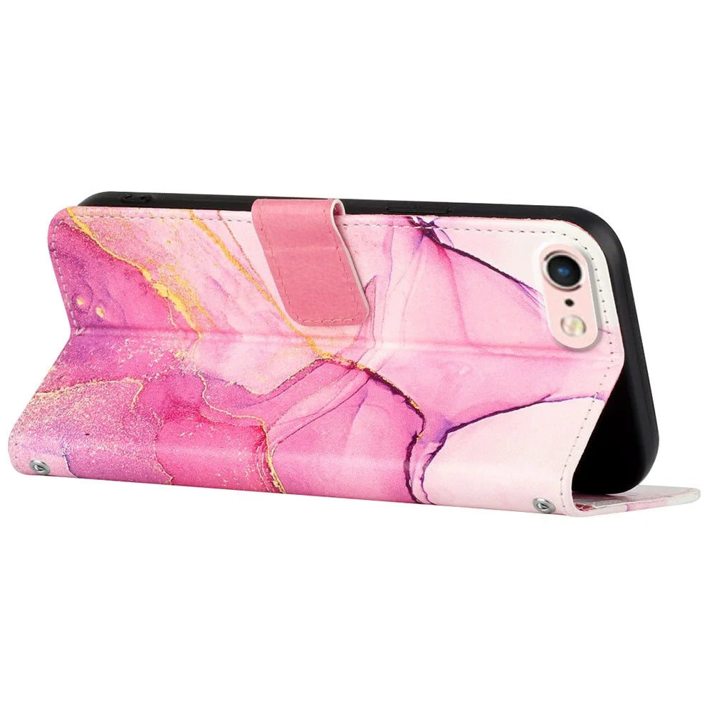 YB Pattern Printing Series-5 for iPhone SE (2022)/SE (2020)/8/7 4.7 inch Marble Pattern Wallet Cover PU Leather Stand Function Protective Phone Case with Strap - Pink Purple Gold LS001 - 4