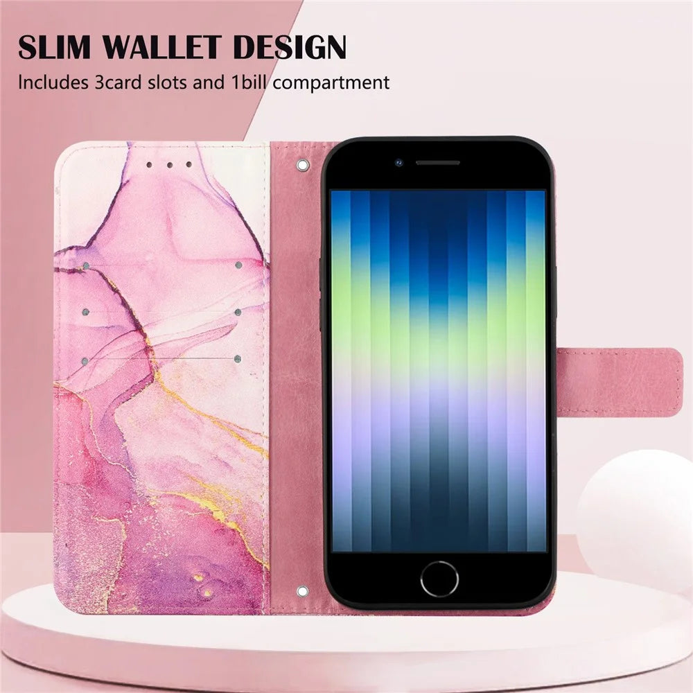 YB Pattern Printing Series-5 for iPhone SE (2022)/SE (2020)/8/7 4.7 inch Marble Pattern Wallet Cover PU Leather Stand Function Protective Phone Case with Strap - Pink Purple Gold LS001 - 5