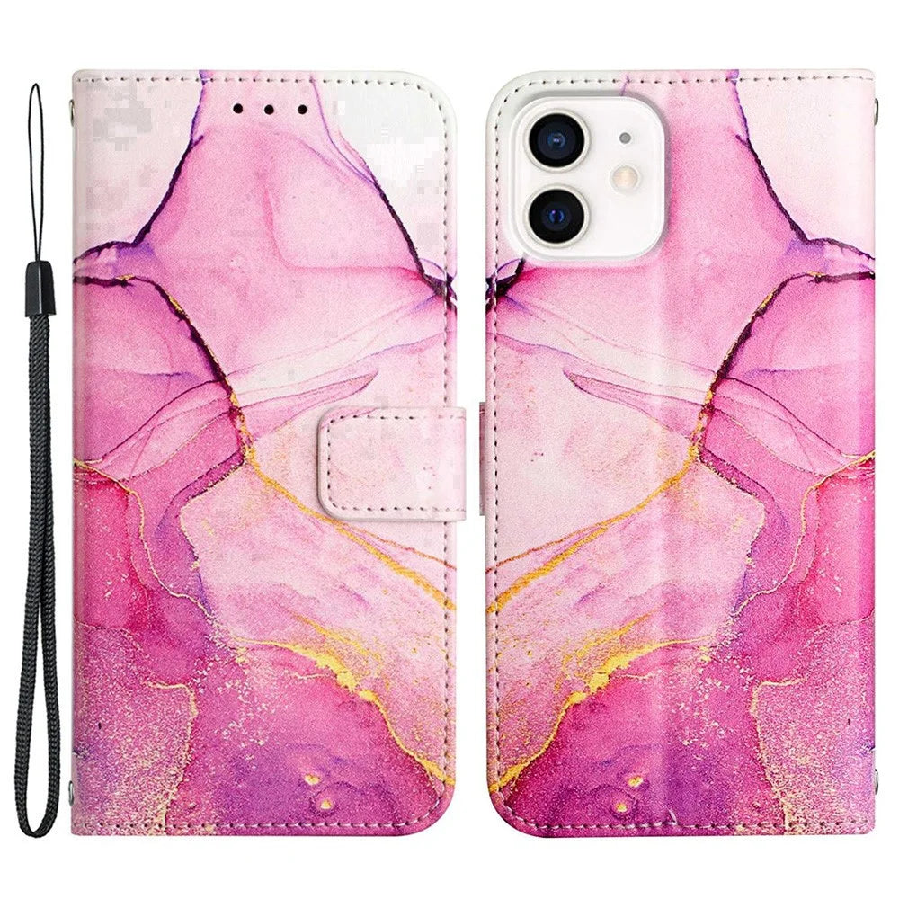 YB Pattern Printing Leather Series-5 for iPhone 12 6.1 inch/12 Pro 6.1 inch Marble Pattern Shockproof PU Leather Wallet Stand Case - Pink Purple Gold LS001 - 1
