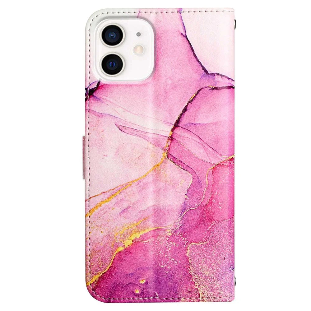 YB Pattern Printing Leather Series-5 for iPhone 12 6.1 inch/12 Pro 6.1 inch Marble Pattern Shockproof PU Leather Wallet Stand Case - Pink Purple Gold LS001 - 3