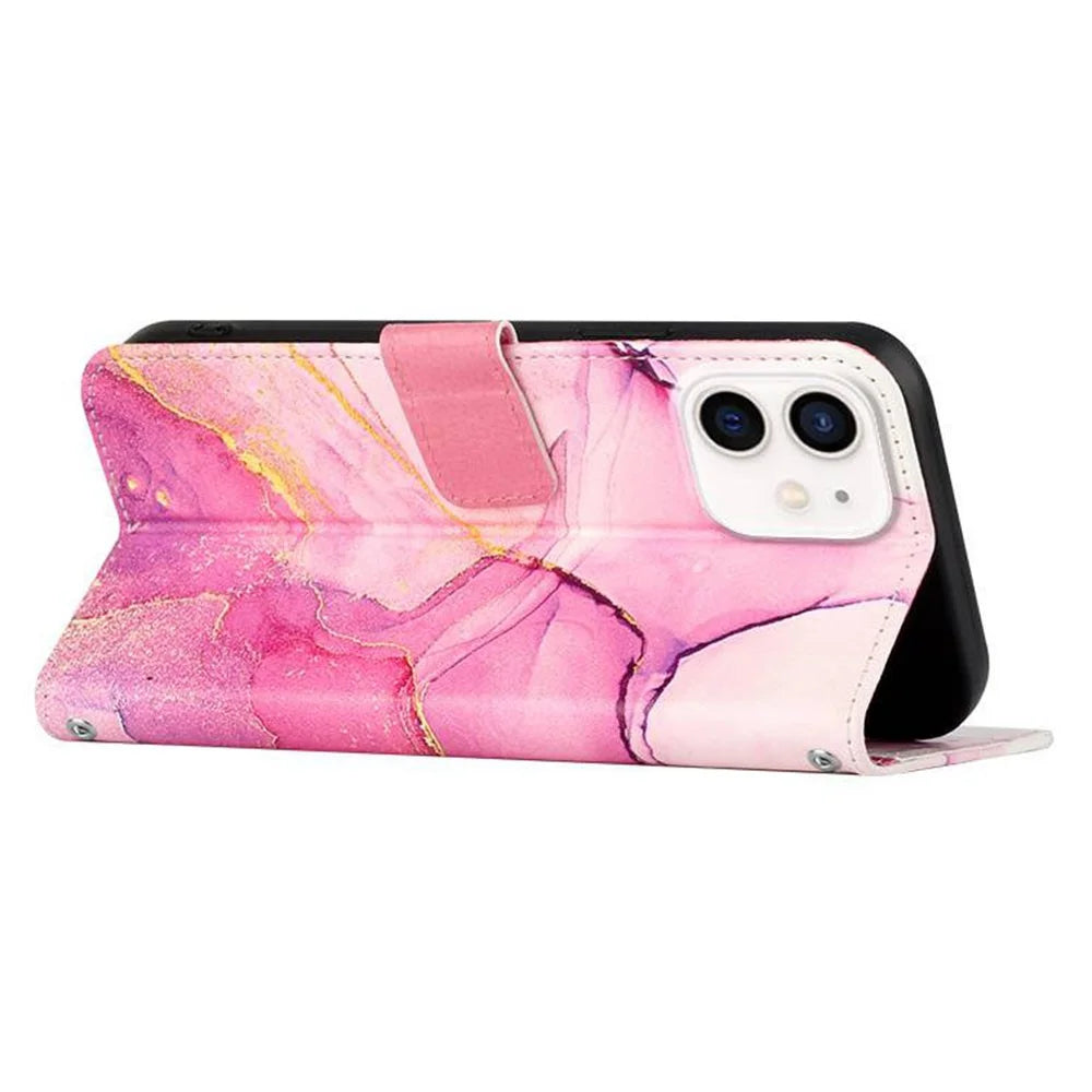 YB Pattern Printing Leather Series-5 for iPhone 12 6.1 inch/12 Pro 6.1 inch Marble Pattern Shockproof PU Leather Wallet Stand Case - Pink Purple Gold LS001 - 4