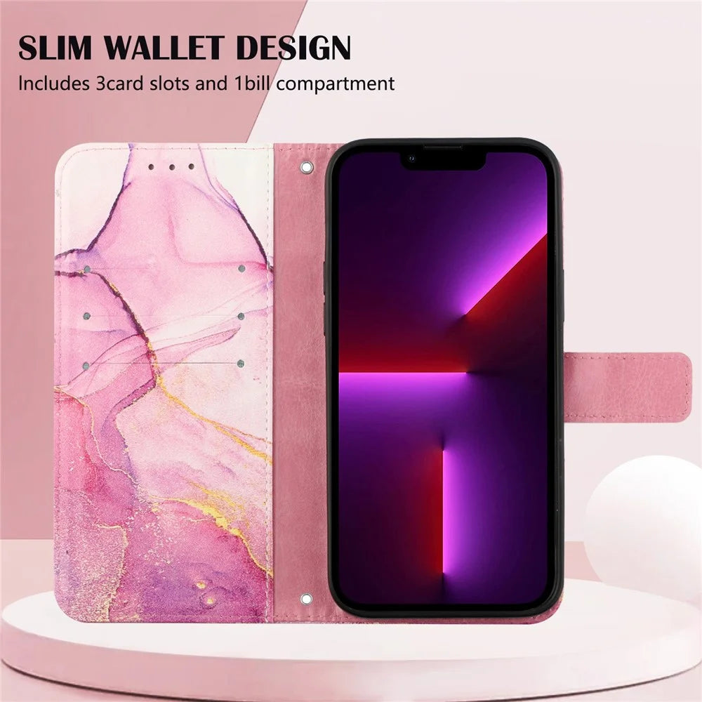 YB Pattern Printing Leather Series-5 for iPhone 12 6.1 inch/12 Pro 6.1 inch Marble Pattern Shockproof PU Leather Wallet Stand Case - Pink Purple Gold LS001 - 5