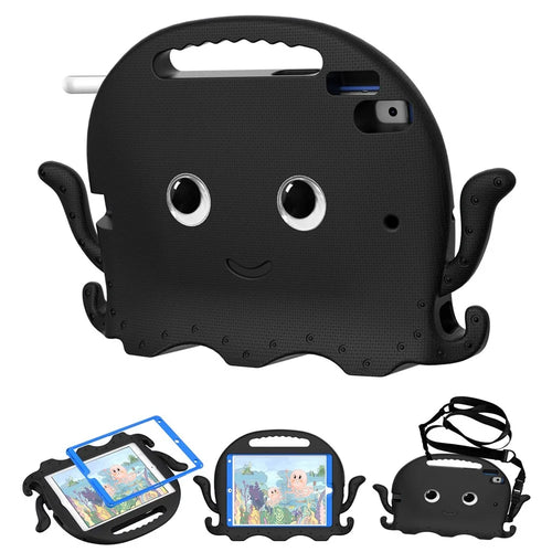 For iPad Pro 10.5-inch (2017)/iPad Air 10.5 inch (2019)/iPad 10.2 (2020)/(2019)/(2021) Cute Octopus Pen Slot Design EVA Case Impact-resistant Tablet Cover with Handle and Shoulder Strap - Black - 1