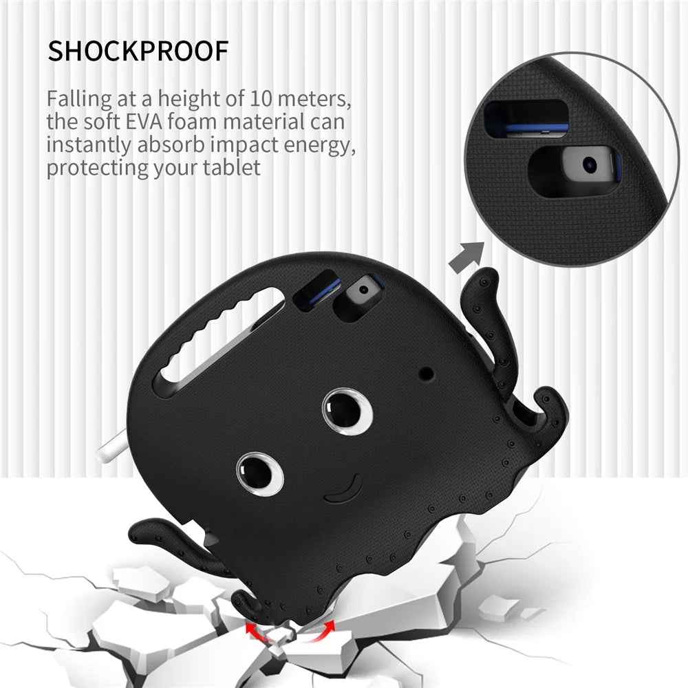 For iPad Pro 10.5-inch (2017)/iPad Air 10.5 inch (2019)/iPad 10.2 (2020)/(2019)/(2021) Cute Octopus Pen Slot Design EVA Case Impact-resistant Tablet Cover with Handle and Shoulder Strap - Black - 3