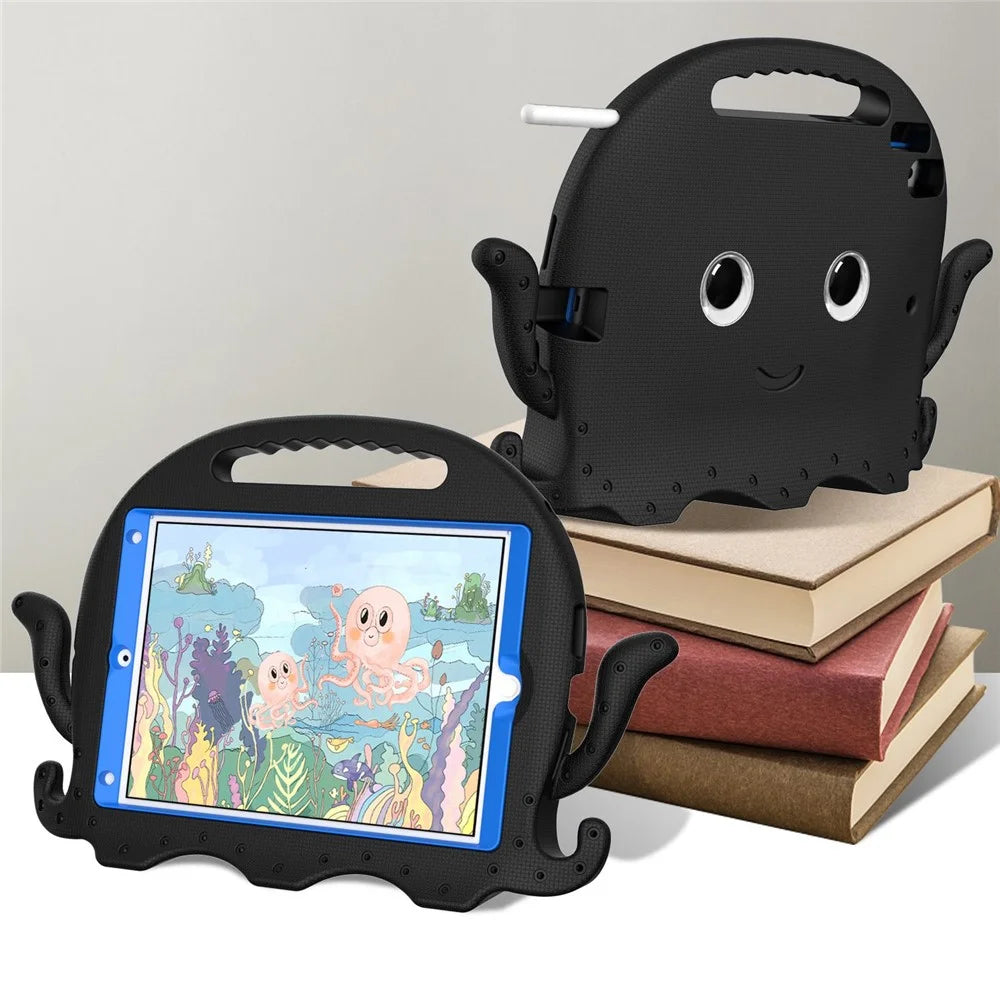 For iPad Pro 10.5-inch (2017)/iPad Air 10.5 inch (2019)/iPad 10.2 (2020)/(2019)/(2021) Cute Octopus Pen Slot Design EVA Case Impact-resistant Tablet Cover with Handle and Shoulder Strap - Black - 4