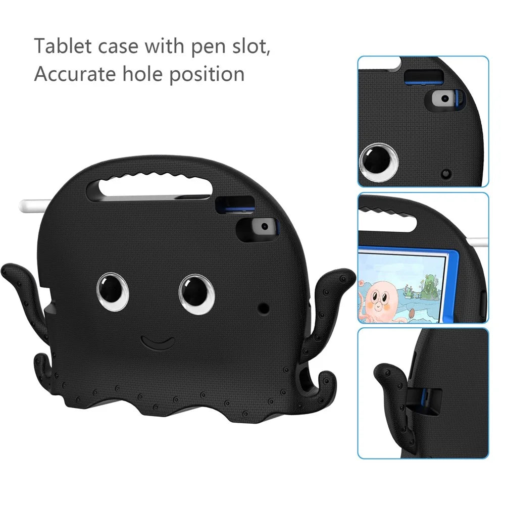 For iPad Pro 10.5-inch (2017)/iPad Air 10.5 inch (2019)/iPad 10.2 (2020)/(2019)/(2021) Cute Octopus Pen Slot Design EVA Case Impact-resistant Tablet Cover with Handle and Shoulder Strap - Black - 6