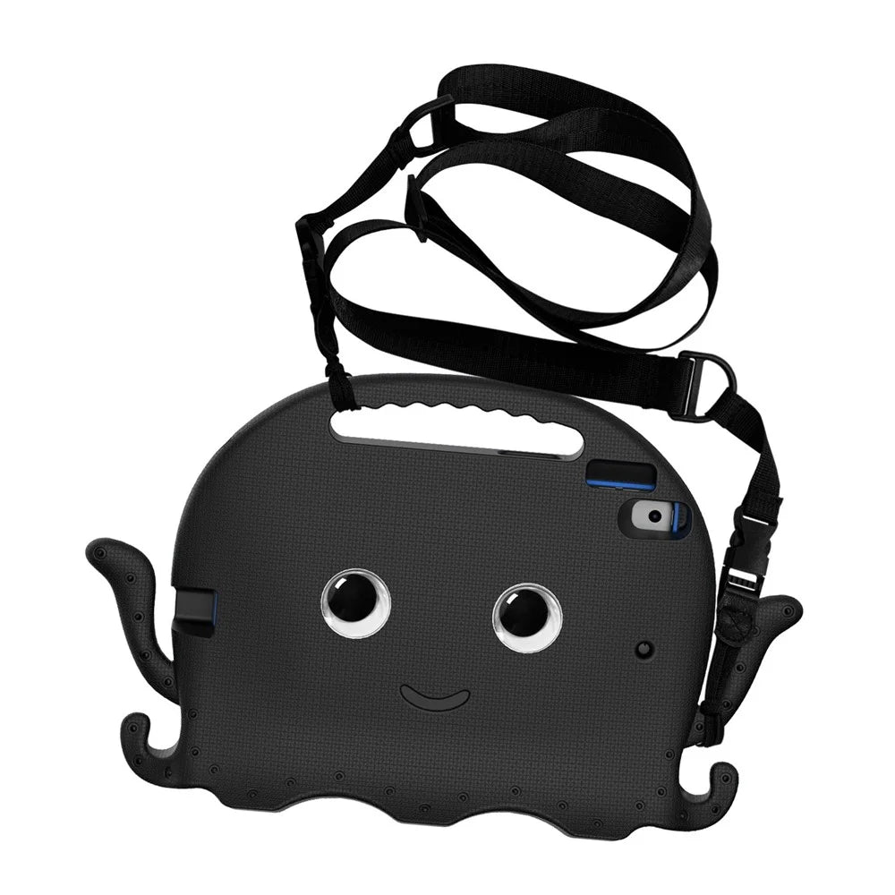 For iPad Pro 10.5-inch (2017)/iPad Air 10.5 inch (2019)/iPad 10.2 (2020)/(2019)/(2021) Cute Octopus Pen Slot Design EVA Case Impact-resistant Tablet Cover with Handle and Shoulder Strap - Black - 7