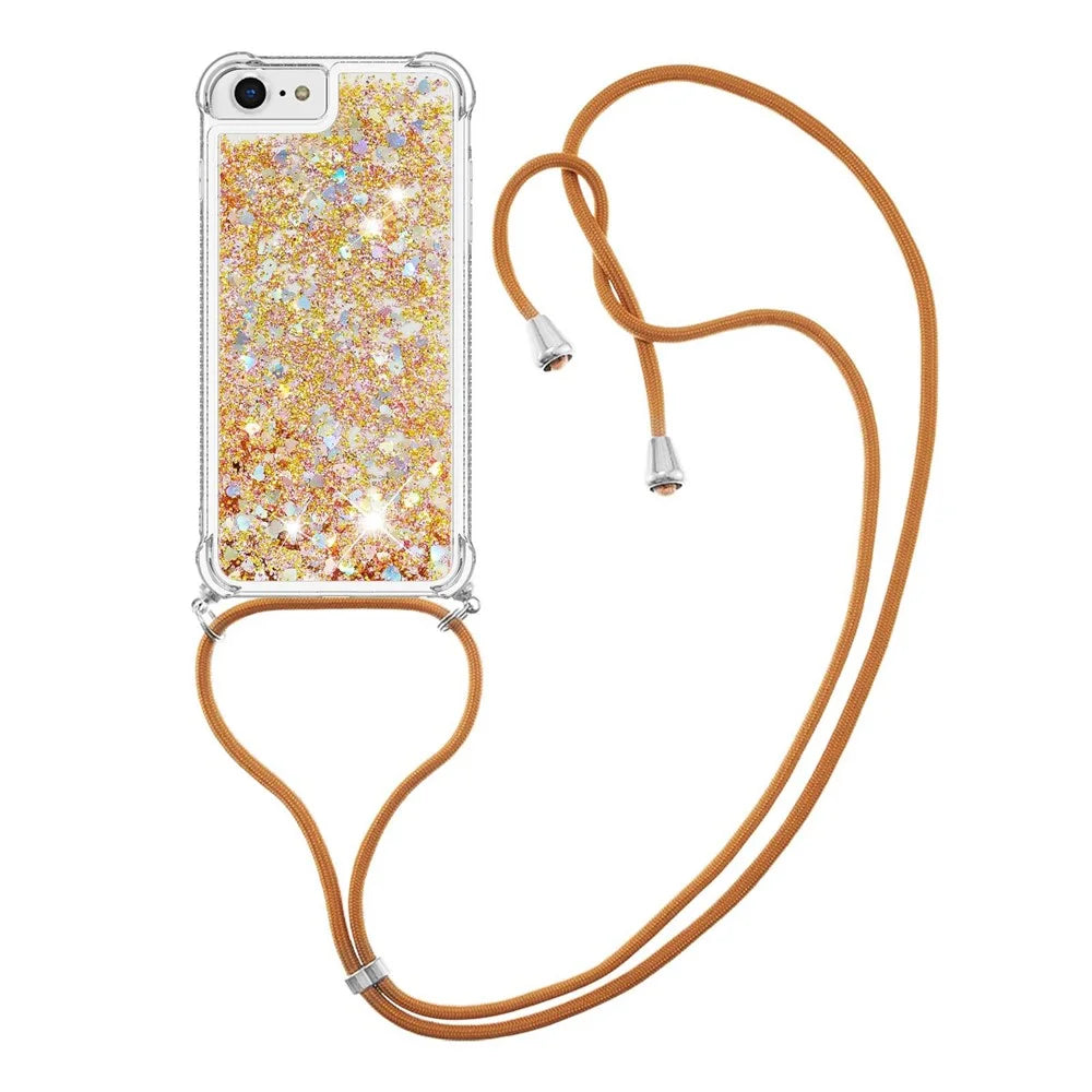 For iPhone SE (2022) / SE (2020) / 6 / 7 / 8 TPU Case Quicksand Design Phone Cover with Lanyard - Gold / Hearts - 1