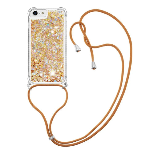 For iPhone SE (2022) / SE (2020) / 6 / 7 / 8 TPU Case Quicksand Design Phone Cover with Lanyard - Gold / Hearts - 1
