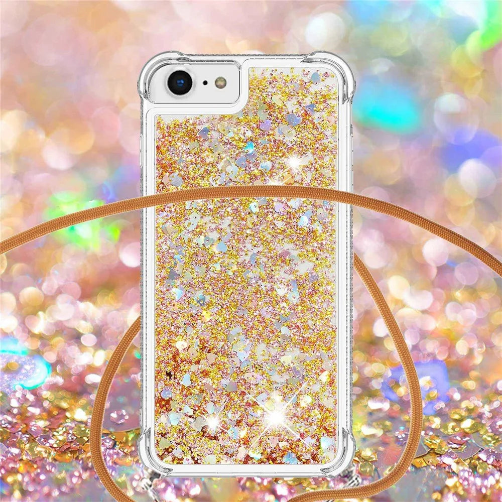 For iPhone SE (2022) / SE (2020) / 6 / 7 / 8 TPU Case Quicksand Design Phone Cover with Lanyard - Gold / Hearts - 2