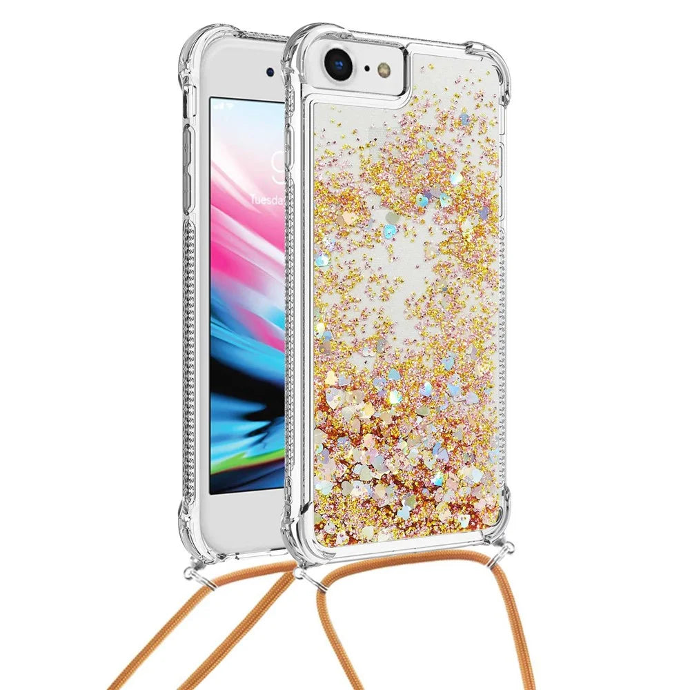 For iPhone SE (2022) / SE (2020) / 6 / 7 / 8 TPU Case Quicksand Design Phone Cover with Lanyard - Gold / Hearts - 5