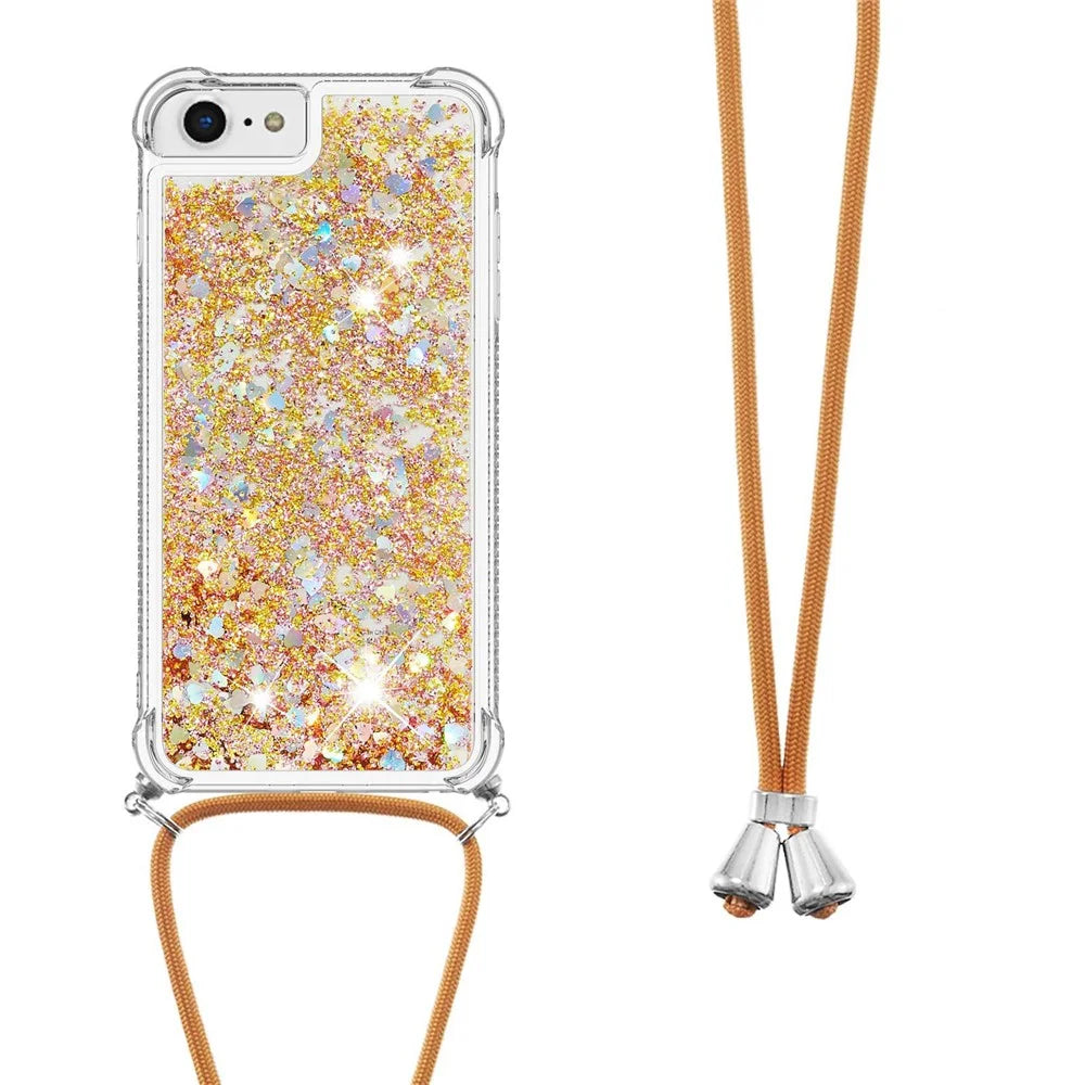 For iPhone SE (2022) / SE (2020) / 6 / 7 / 8 TPU Case Quicksand Design Phone Cover with Lanyard - Gold / Hearts - 6