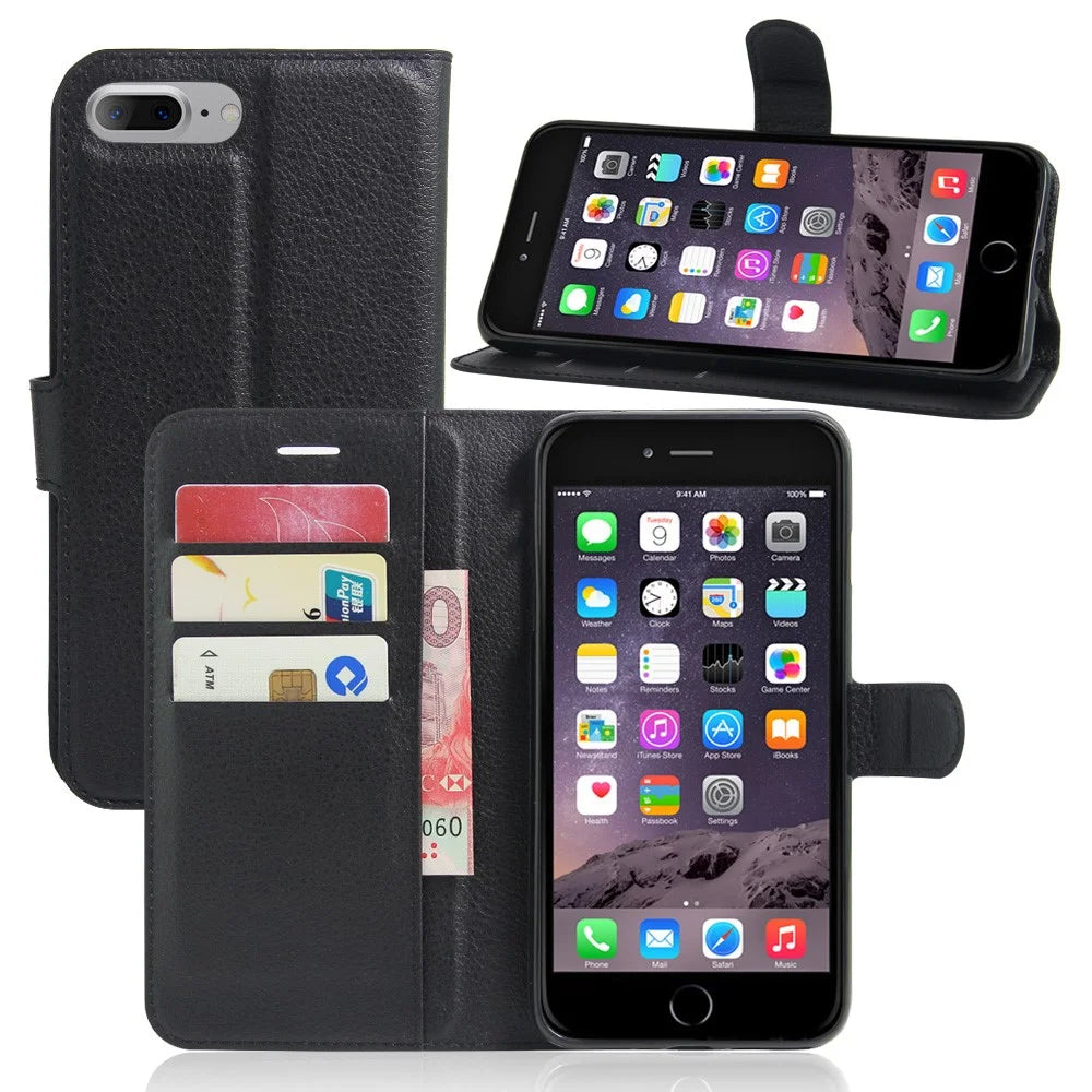 For iPhone 8 Plus / 7 Plus 5.5 inch Litchi Lychee Skin Flip Leather Stand Shell with Folio Flip Wallet - Black - 1