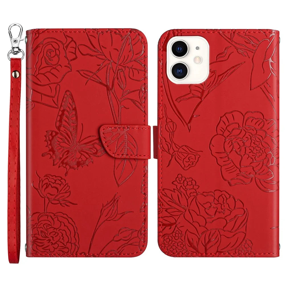 For iPhone 12 mini 5.4 inch Butterfly Flower Pattern Imprinted Stand Case Shockproof Skin-touch Feeling PU Leather Wallet Anti-fall Cover with Strap - Red - 1