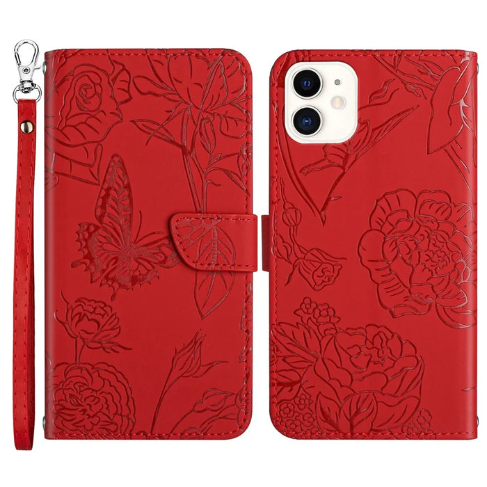 For iPhone 12 mini 5.4 inch Butterfly Flower Pattern Imprinted Stand Case Shockproof Skin-touch Feeling PU Leather Wallet Anti-fall Cover with Strap - Red - 1