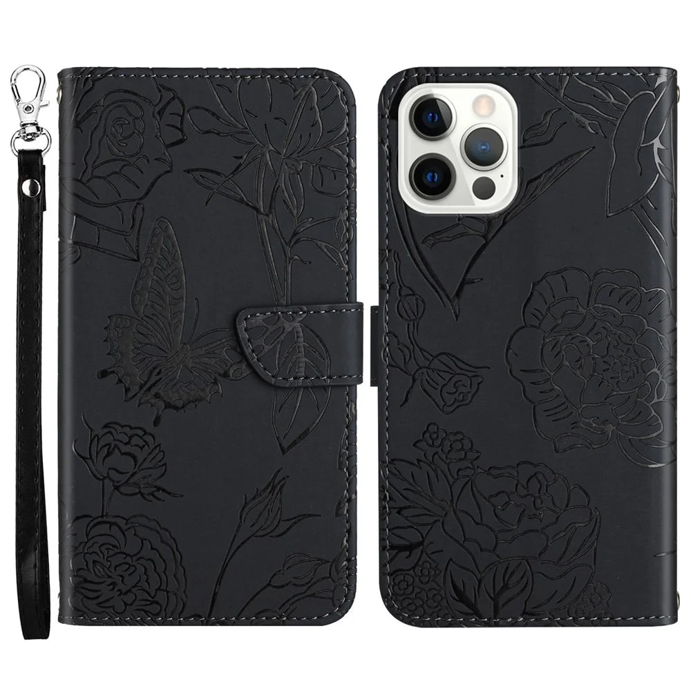 Wallet Stand Shockproof Case for iPhone 13 Pro 6.1 inch Skin-touch PU Leather Folio Flip Cover Stylish Butterflies Imprinted Anti-drop Phone Protector with Strap - Black - 1