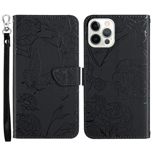 Wallet Stand Shockproof Case for iPhone 13 Pro 6.1 inch Skin-touch PU Leather Folio Flip Cover Stylish Butterflies Imprinted Anti-drop Phone Protector with Strap - Black - 1