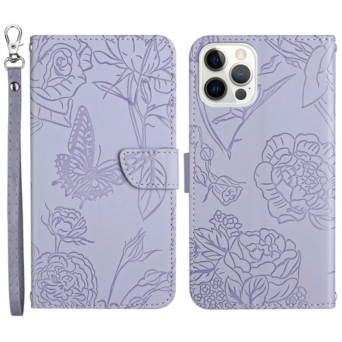 For iPhone 13 Pro Max 6.7 inch Butterflies Imprinted Shockproof Case Skin-touch PU Leather Wallet Stand Phone Protector Anti-drop Folio Flip Cover with Strap - Purple - 1