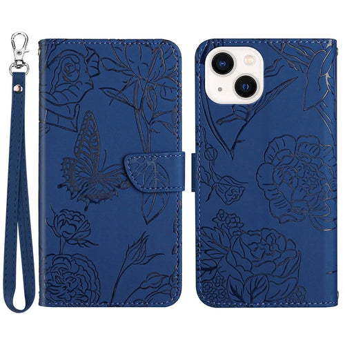 For iPhone 13 mini 5.4 inch Fashionable PU Leather Case Supporting Stand Skin-touch Feeling Butterfly Flower Pattern Imprinted Flip Wallet Phone Cover with Wrist Strap - Blue - 1