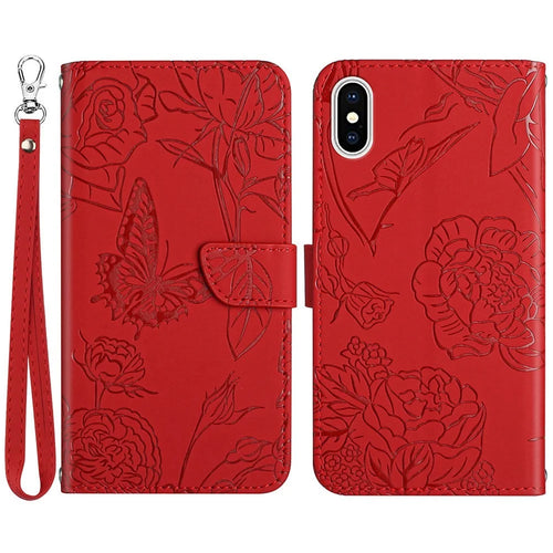 For iPhone XS Max 6.5 inch PU Leather Case Folding Stand Skin-touch Feeling Butterfly Flower Pattern Imprinted Flip Wallet Phone Cover with Wrist Strap - Red - 1