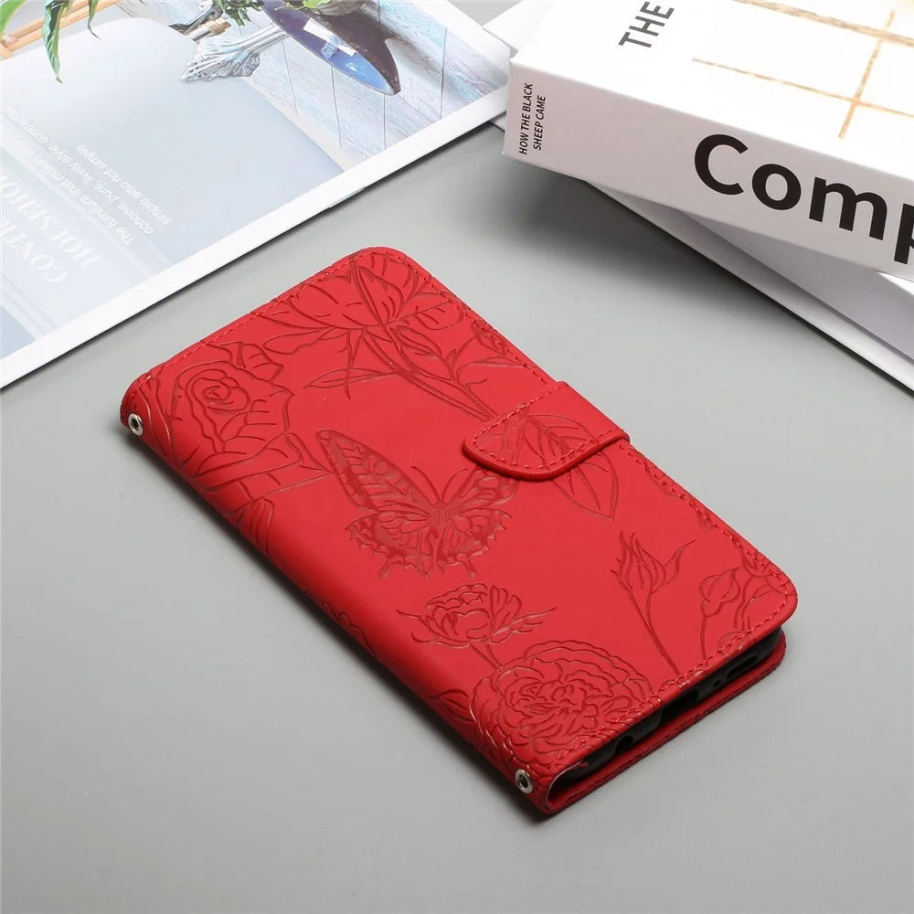 For iPhone XS Max 6.5 inch PU Leather Case Folding Stand Skin-touch Feeling Butterfly Flower Pattern Imprinted Flip Wallet Phone Cover with Wrist Strap - Red - 7
