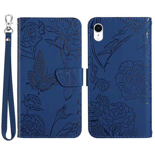 For iPhone XR 6.1 inch Skin-touch Feeling Leather Smartphone Case Butterfly Flower Pattern Imprinted Flip Wallet Phone Cover with Wrist Strap - Blue - 1